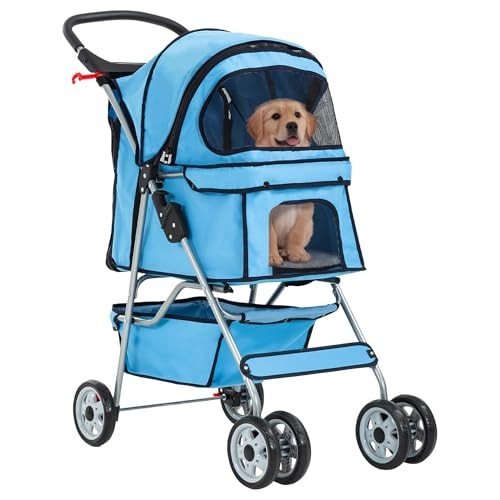 New FDW Pet Stroller – 4 - Wheel Folding Carrier w/Removable Liner & Cup Holder (Blue) - Kidsy