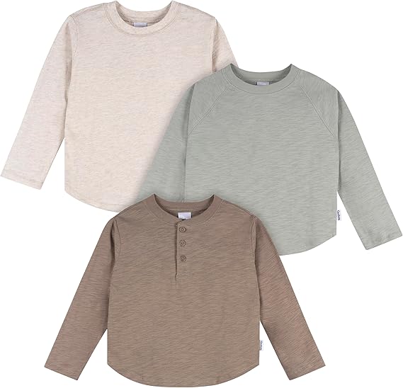 New Gerber Baby Boys' 3 - Pack Long Sleeve Shirts (Green, Blue & Oatmeal) - Kidsy