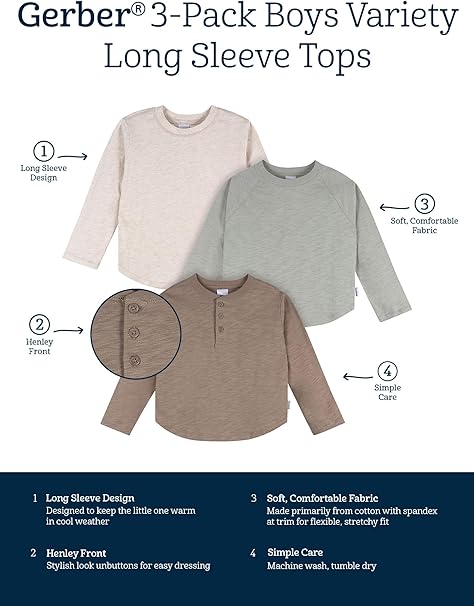 New Gerber Baby Boys' 3 - Pack Long Sleeve Shirts (Green, Blue & Oatmeal) - Kidsy