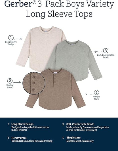 New Gerber Baby Boys' 3 - Pack Long Sleeve Shirts (Green, Blue & Oatmeal) - Kidsy