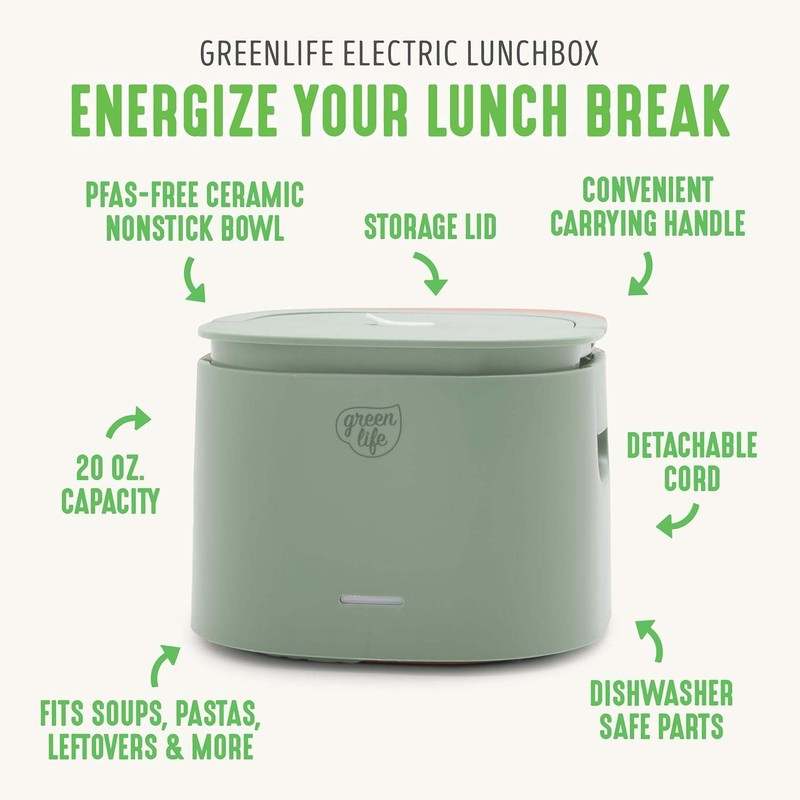 New GreenLife 20oz Electric Lunch Box Food & Soup Warmer (Sage Green) - Kidsy