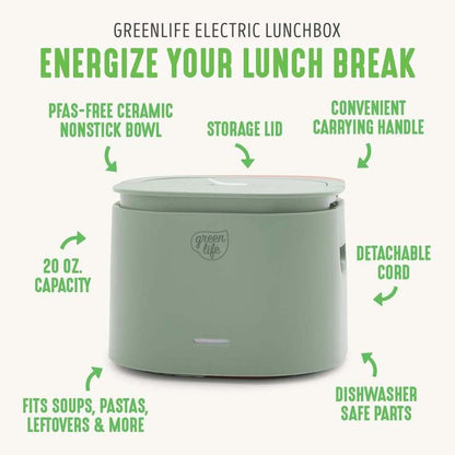 New GreenLife 20oz Electric Lunch Box Food & Soup Warmer (Sage Green) - Kidsy