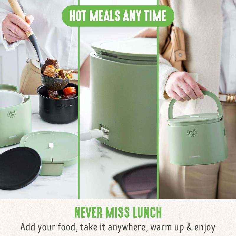 New GreenLife 20oz Electric Lunch Box Food & Soup Warmer (Sage Green) - Kidsy