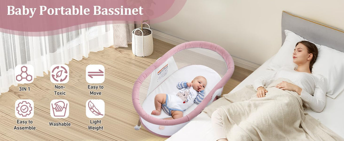 New GYARING Baby Bassinets 3 in1 Baby Crib Portable & Easy to Assemble (Pink) - Kidsy