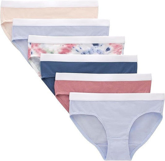 New Hanes Originals Stretch Cotton Hipster Underwear 6 Pack Size 16 (Ivory/Blue/Pink/Tie Dye Print) - Kidsy