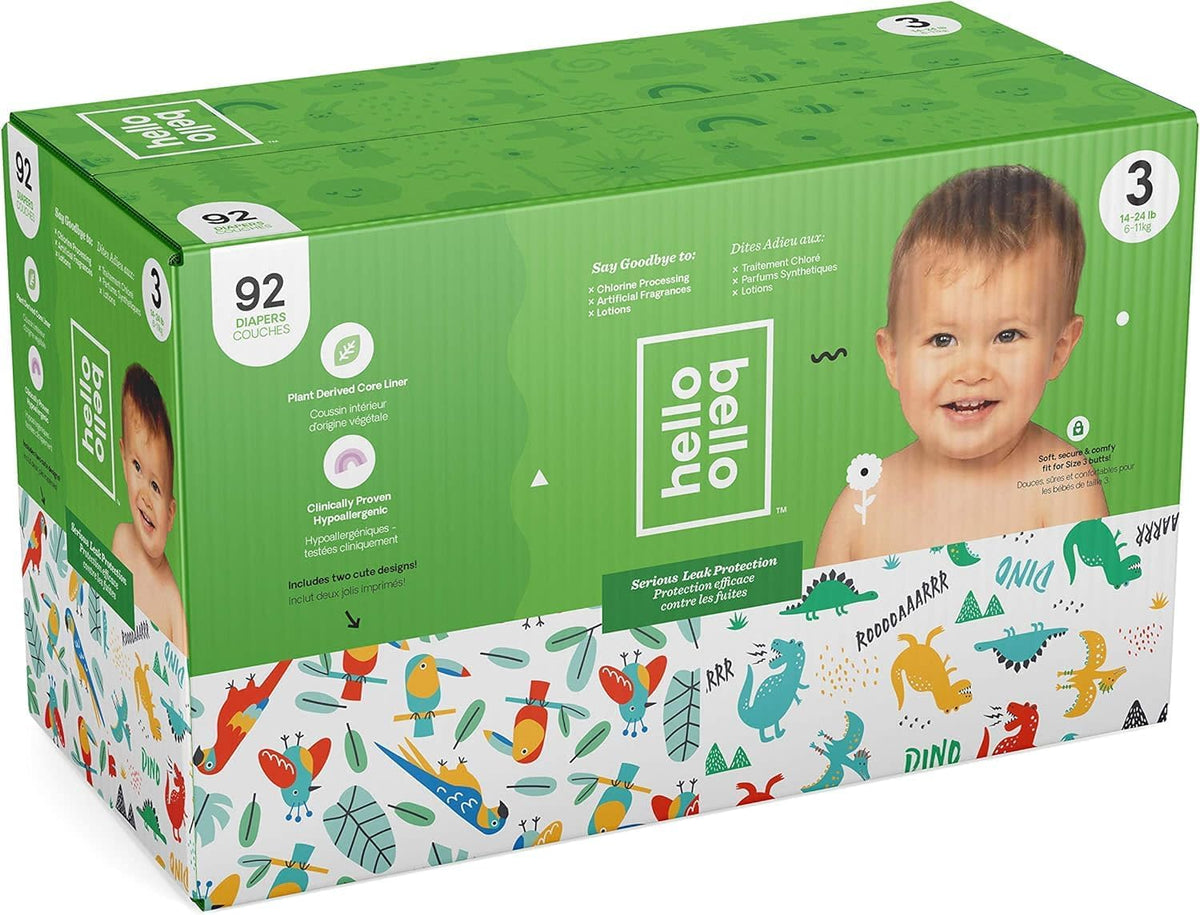 New Hello Bello Diapers Club Box, Size 3 (14-24 lbs) Parrots and Dinos - 92 Count
