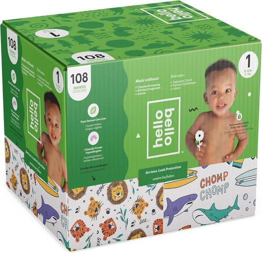 New Hello Bello Diapers (Size 1, Wild Cats & Sharks Print, 108 Count) - Kidsy