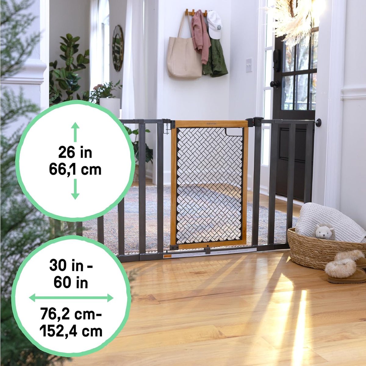 New Ingenuity Ingenuity Thruway 60XW Series Extra Wide Safety Pet & Baby Gate, 30" - 60" Wide, 26" Tall (Honey Oak Stained Wood & Metal) - Kidsy