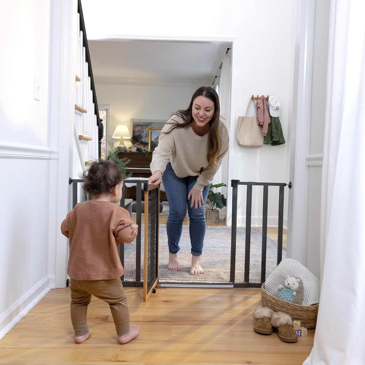 New Ingenuity Ingenuity Thruway 60XW Series Extra Wide Safety Pet & Baby Gate, 30" - 60" Wide, 26" Tall (Honey Oak Stained Wood & Metal) - Kidsy