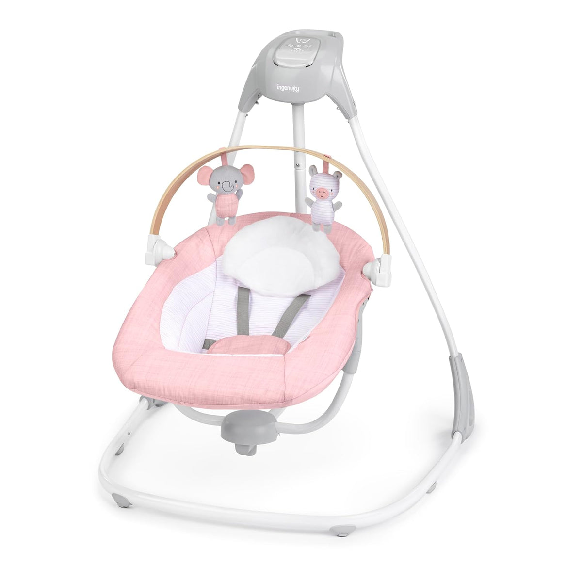 New Ingenuity Simple Comfort Compact Baby Swing with Wood Toy Bar (Pink) - Kidsy