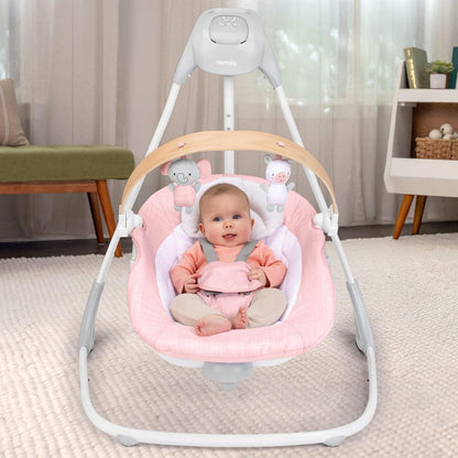 New Ingenuity Simple Comfort Compact Baby Swing with Wood Toy Bar (Pink) - Kidsy
