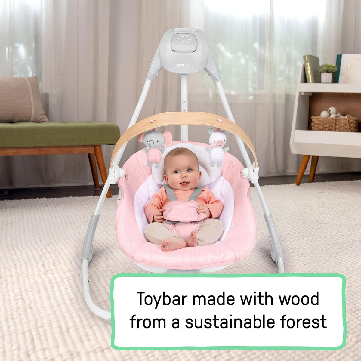 New Ingenuity Simple Comfort Compact Baby Swing with Wood Toy Bar (Pink) - Kidsy