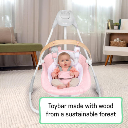 New Ingenuity Simple Comfort Compact Baby Swing with Wood Toy Bar (Pink) - Kidsy