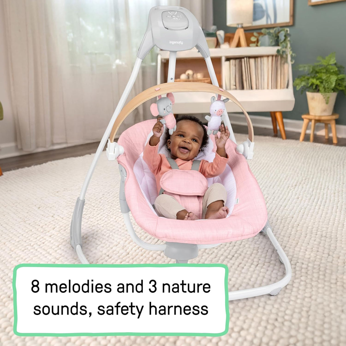 New Ingenuity Simple Comfort Compact Baby Swing with Wood Toy Bar (Pink) - Kidsy