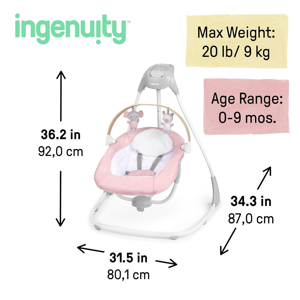 New Ingenuity Simple Comfort Compact Baby Swing with Wood Toy Bar (Pink) - Kidsy