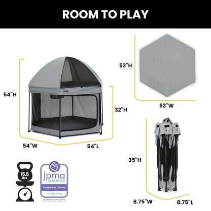 New Jeep Hexagon Pop Up Play Yard with Removable Canopy (Grey) - Kidsy