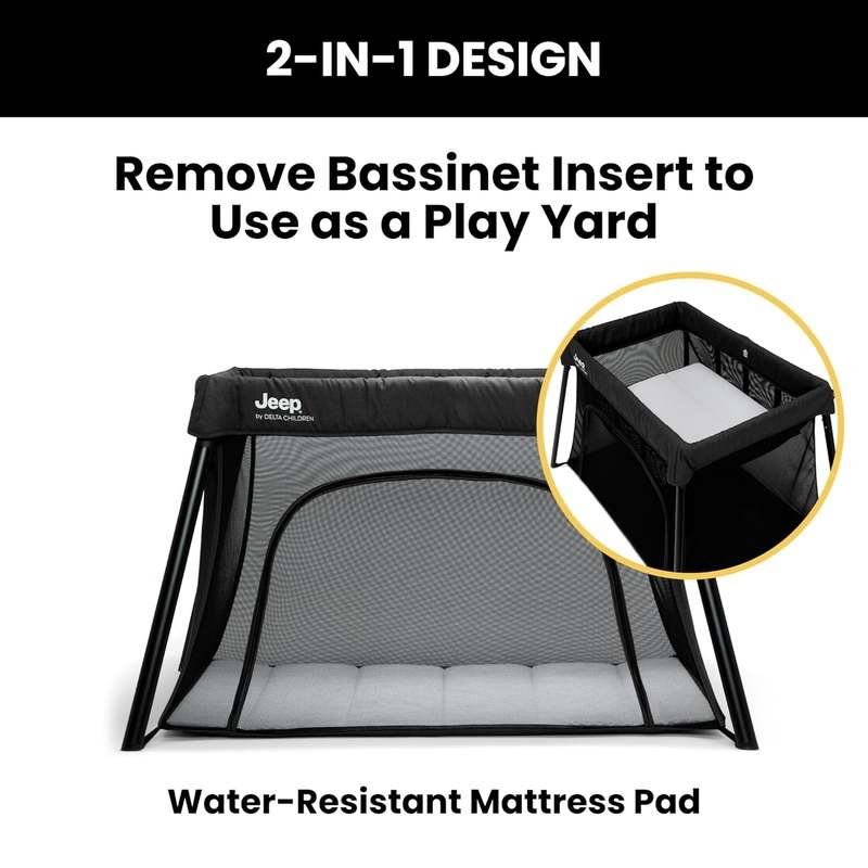 New Jeep Horizon Compact Travel 2 - in - 1 Playard and Bassinet (Black) - Kidsy
