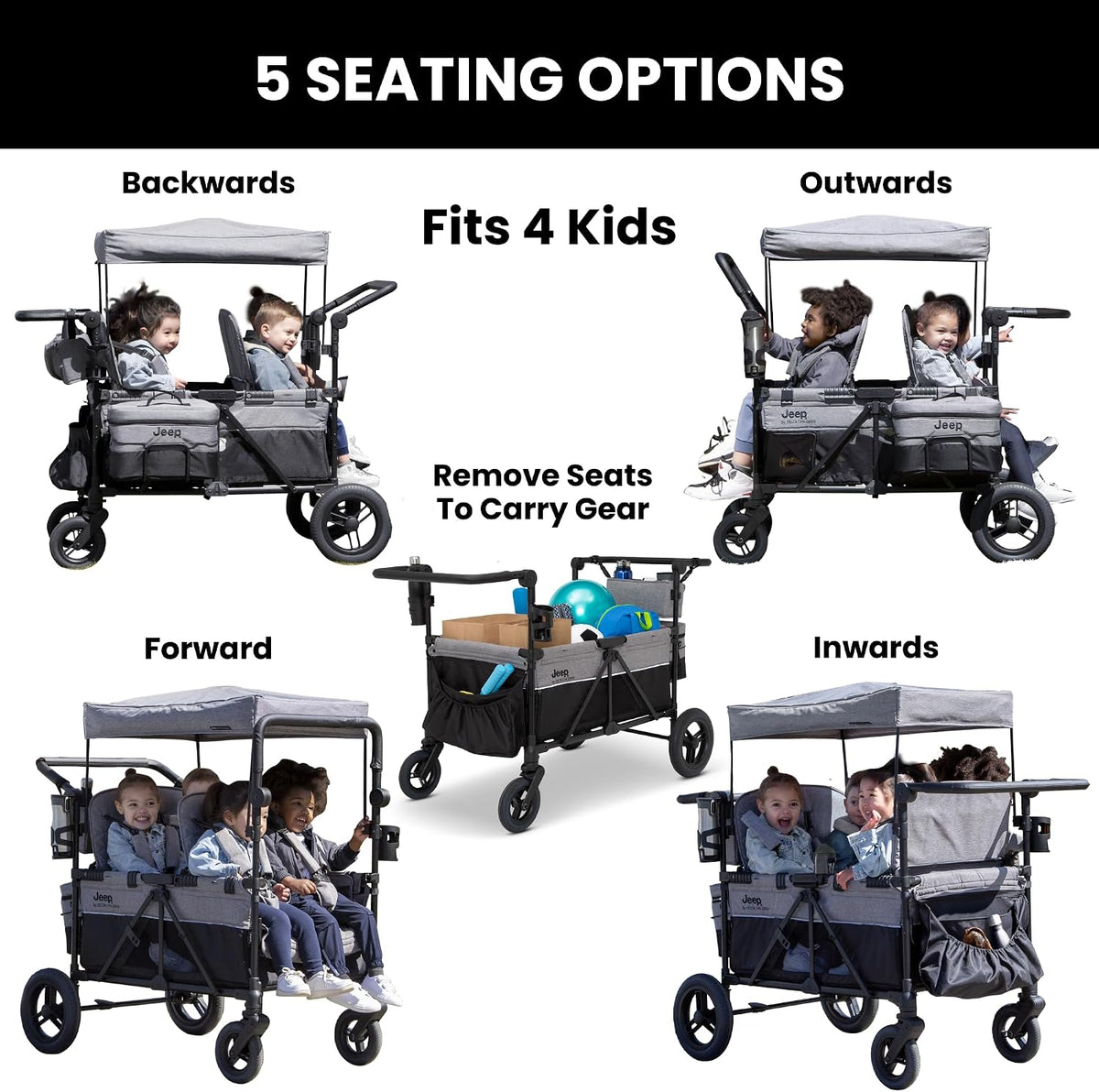 New Jeep Wrangler Deluxe 4-Seater Stroller Wagon (Grey Shadow) - Kidsy
