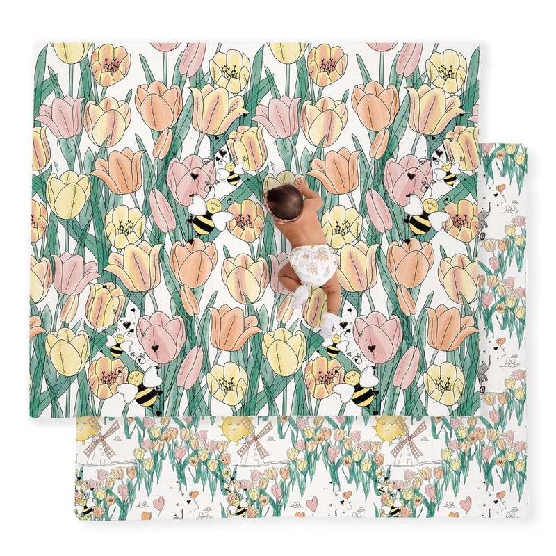 New JumpOff Jo Thick Foam Baby Play Mat Double-Sided (70" x 59") - Tulip Fields