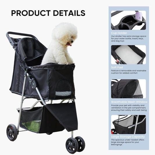 New KMFurnila 3-Wheel Pet Stroller with Storage Basket (Matte Black) - Kidsy