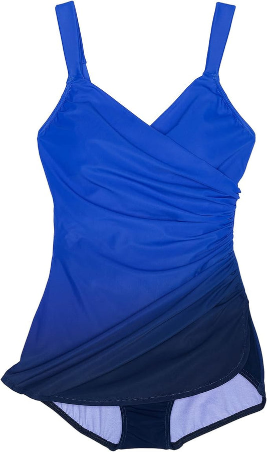 New Lands' End Women's SlenderSuit Tummy Control One Piece Swimsuit (Electric Blue/Navy Ombre) - Kidsy