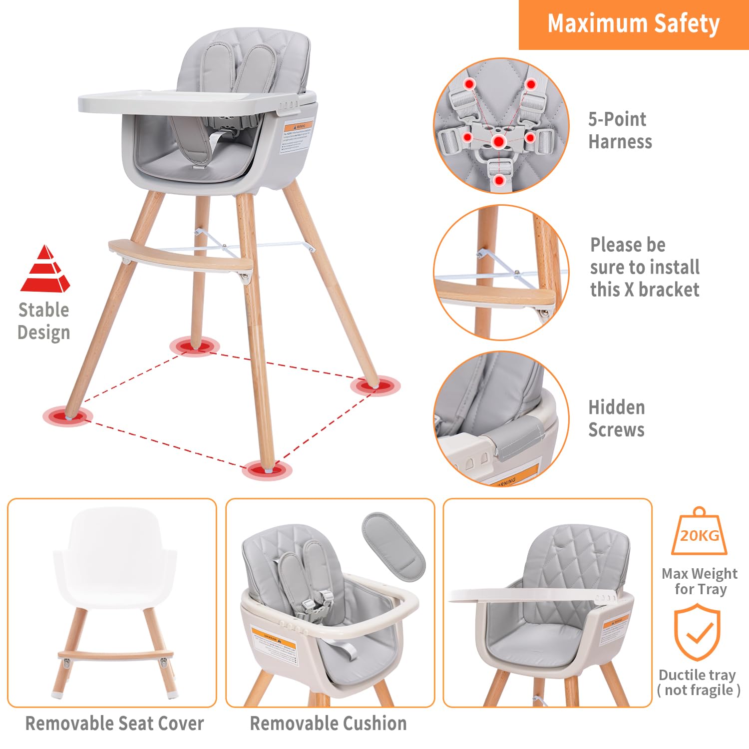 New Mallify 3 - in - 1 Convertible Wooden High Chair with Adjustable Legs (Gray) - Kidsy