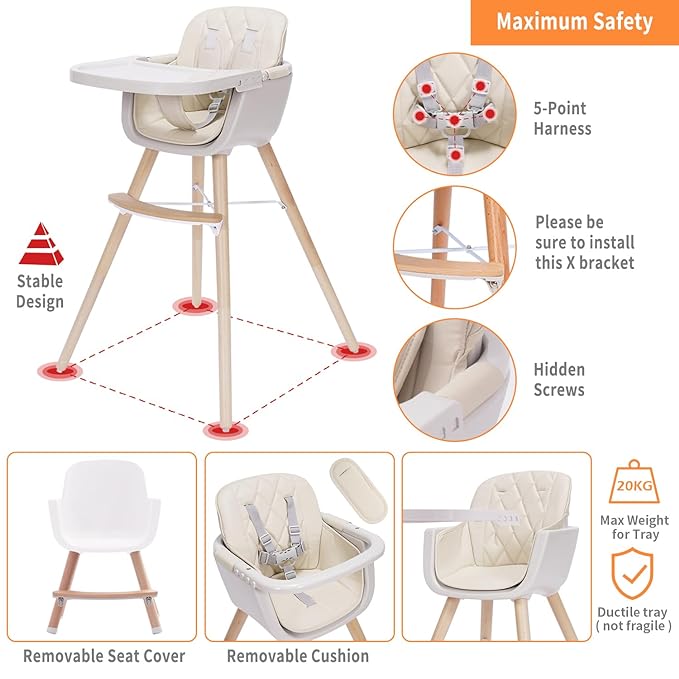 New Mallify 3 - in - 1 Wooden Convertible High Chair (Beige) - Kidsy