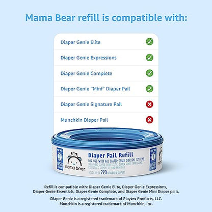 New Mama Bear Diaper Pail Refills for Genie Pails, Unscented, 270 Count - Kidsy