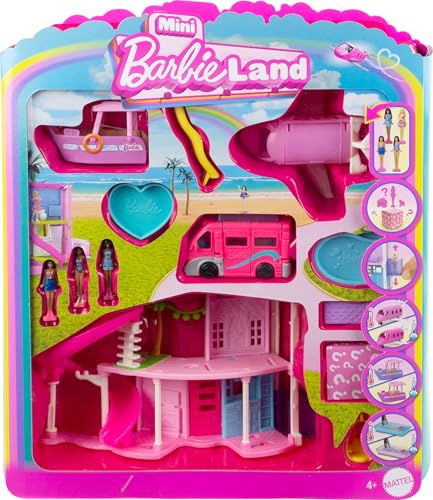 New Mattel Mini BarbieLand DreamHouse & 3 - Vehicle Playset with Dolls - Kidsy