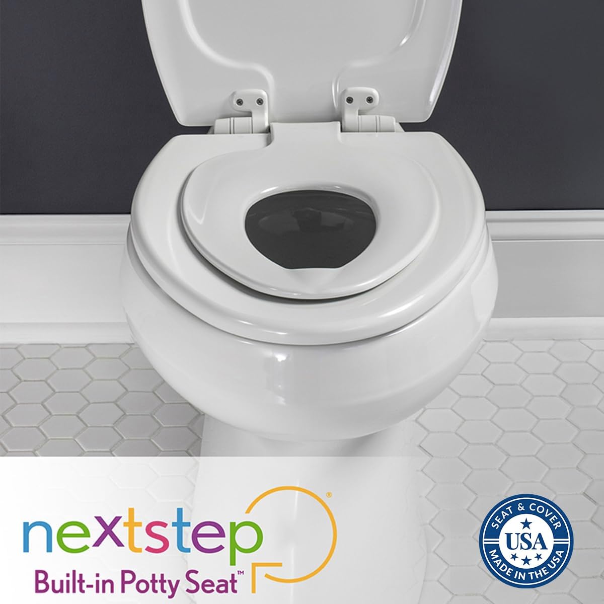 New Mayfair NextStep2 Toilet Seat with Built - In Potty Training Seat (White) - Kidsy