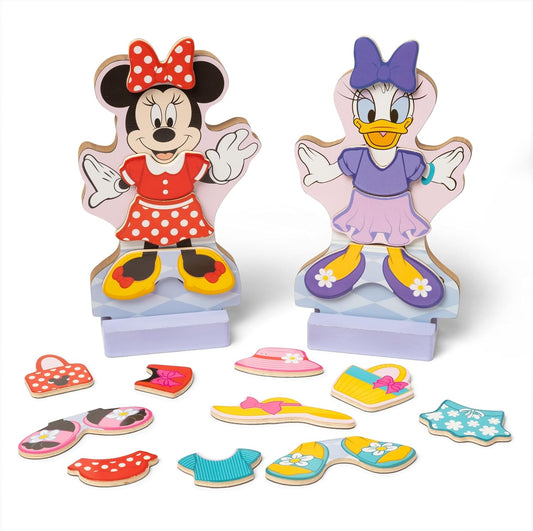New Melissa & Doug Disney Minnie Mouse and Daisy Duck Deluxe Wooden Magnetic Dress - Up; 2 Fashion Dolls with Stands for Pretend Play, 52 Pieces - Kidsy