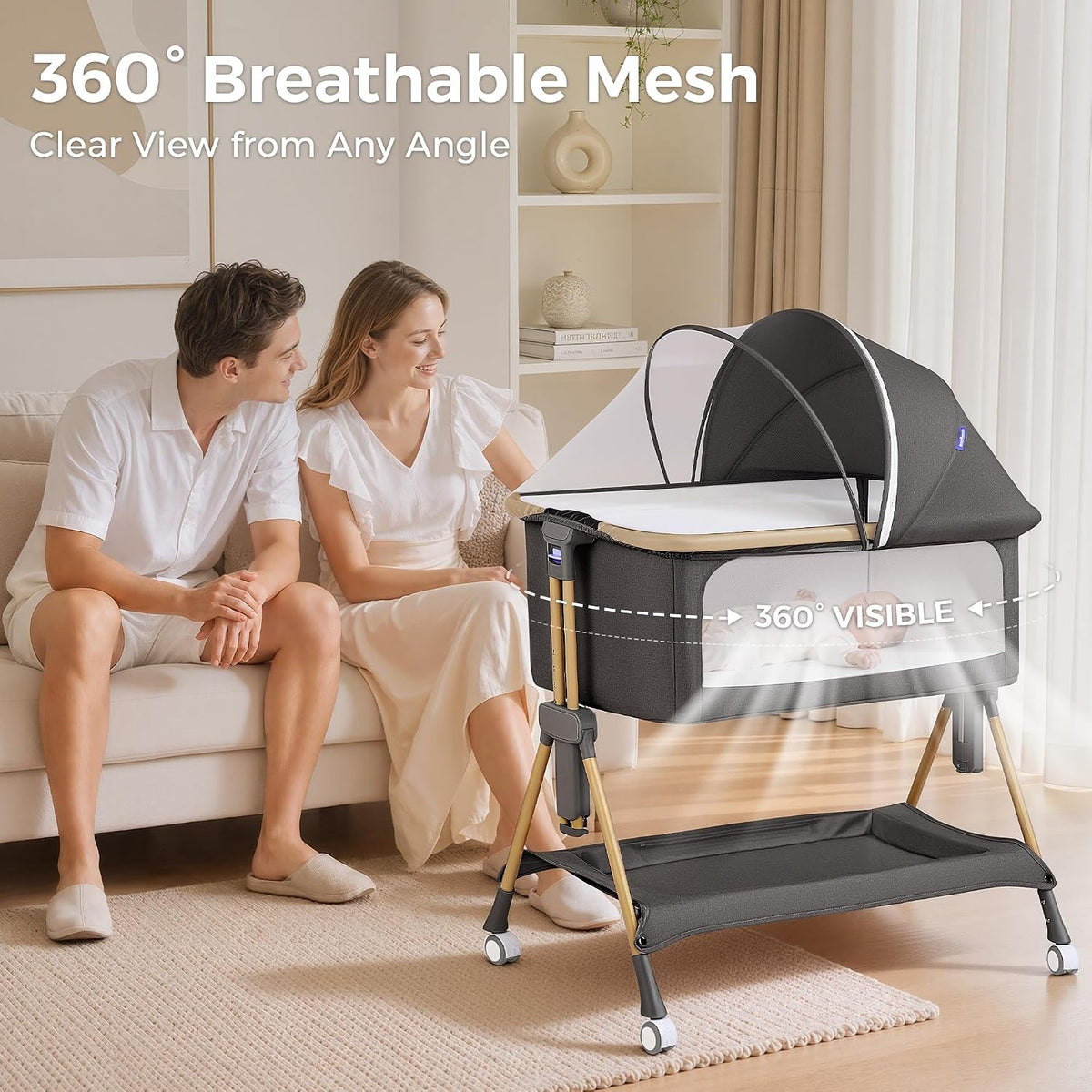 New MOMFANN Foldable Travel Bassinet & Bedside Sleeper (Charcoal Gray) - Kidsy