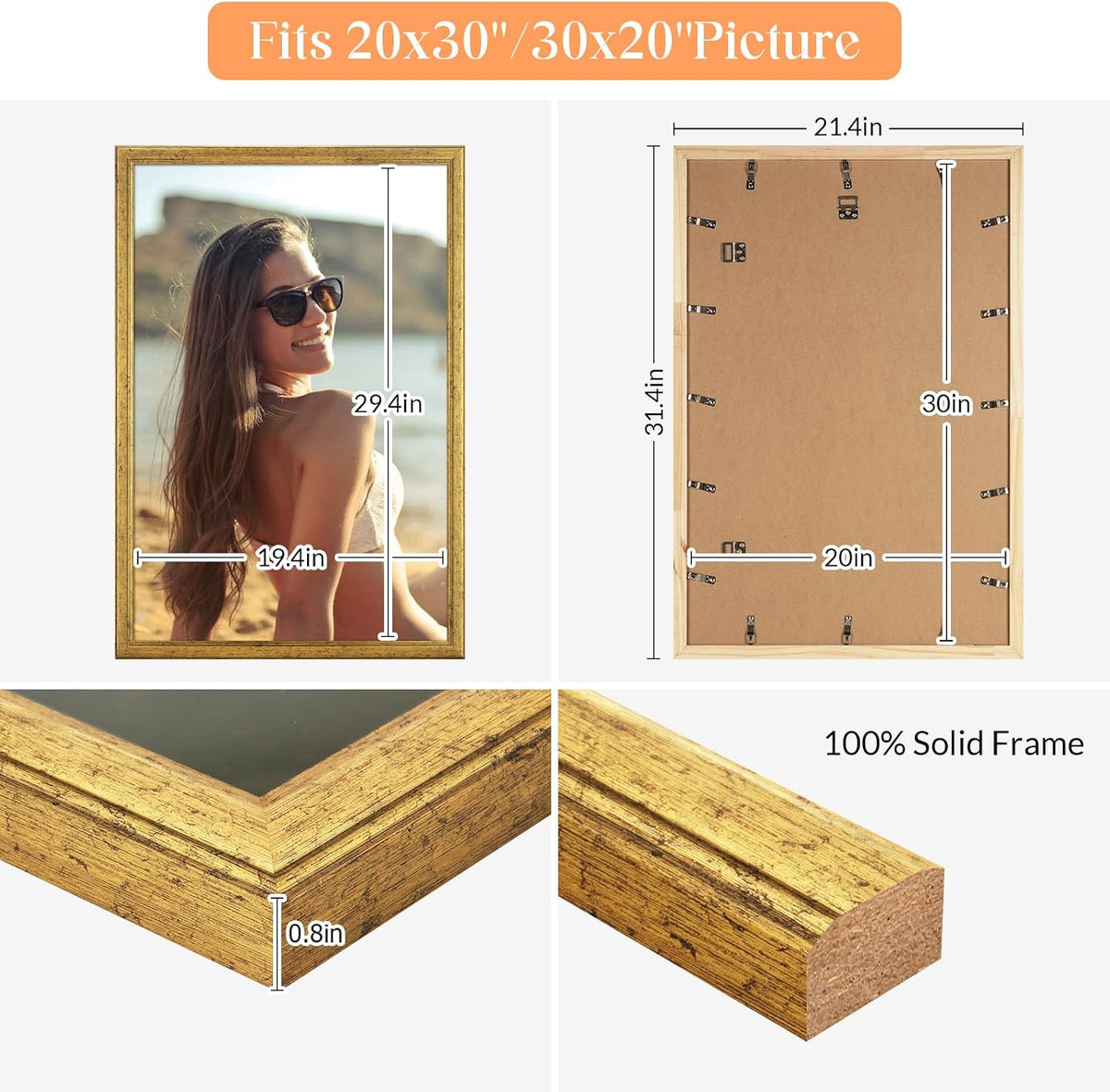 New Moudamion 20x30 Solid Wood Frame (Gold, Horizontal Vertical Wall Mounting Display, 1pcs) - Kidsy
