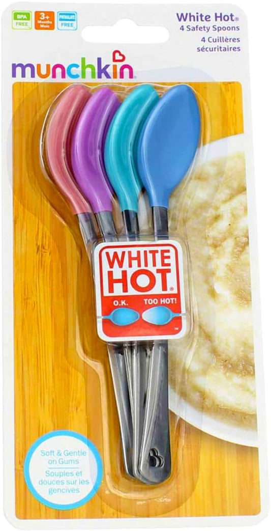 New Munchkin White Hot Safety Spoons with Stainless Steel Handle, 3 Months+, 4 Count (Colors May Vary) - Kidsy