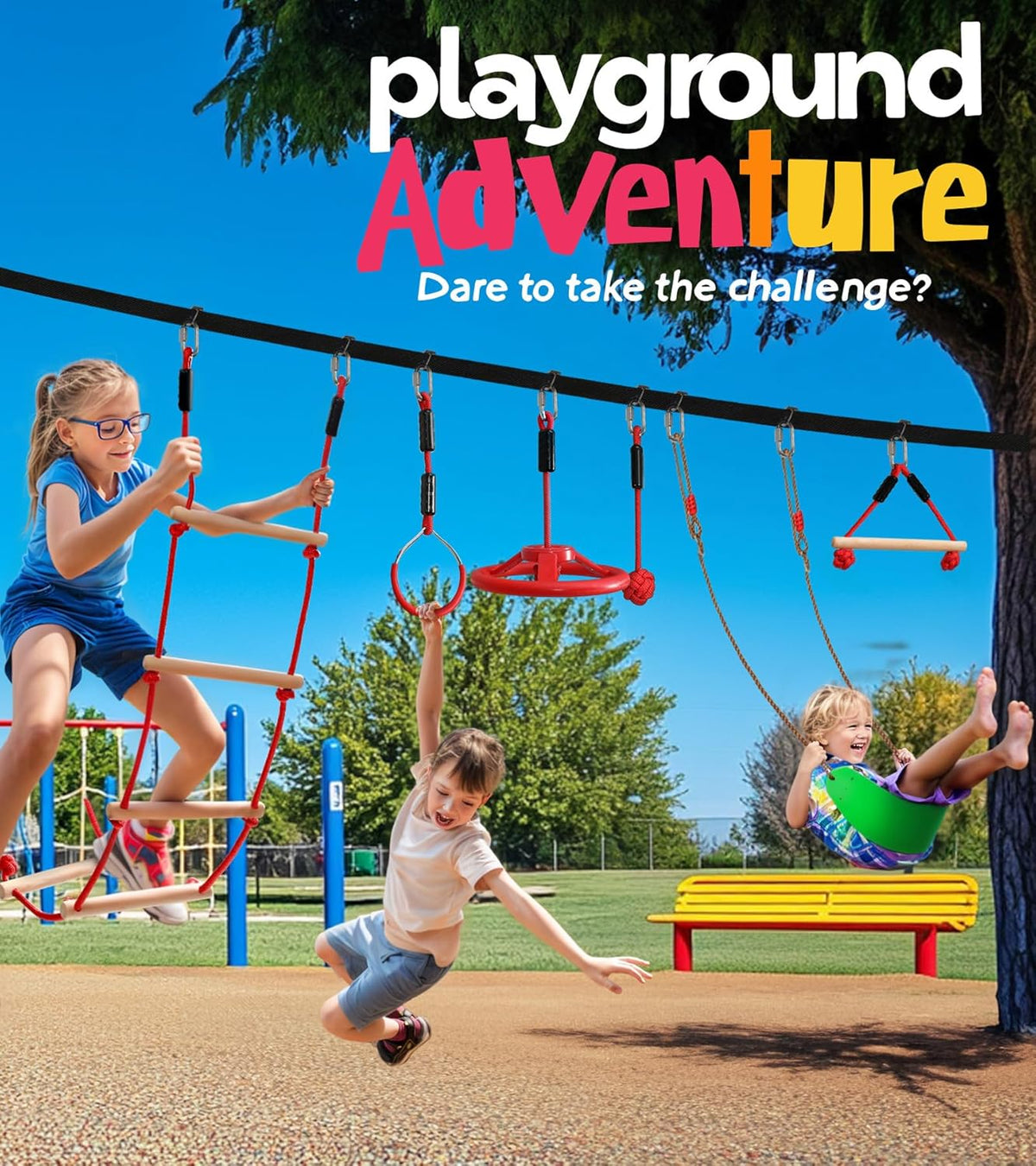 New Ninja Warrior Obstacle Course for Kids Backyard, Ninja Course for Kids, 50 ft Slackline with 12 Obstacles - Kidsy