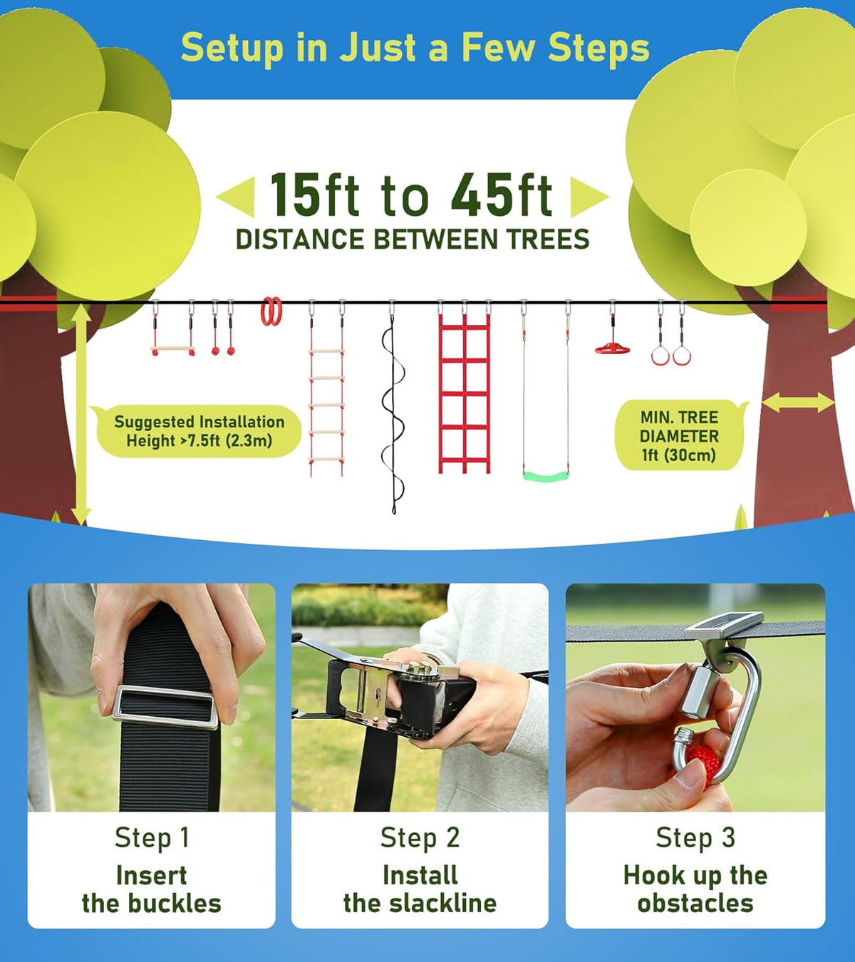 New Ninja Warrior Obstacle Course for Kids Backyard, Ninja Course for Kids, 50 ft Slackline with 12 Obstacles - Kidsy