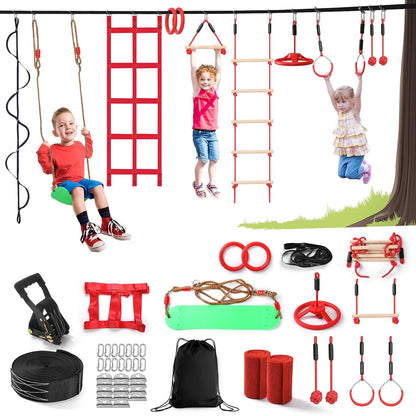 New Ninja Warrior Obstacle Course for Kids Backyard, Ninja Course for Kids, 50 ft Slackline with 12 Obstacles - Kidsy