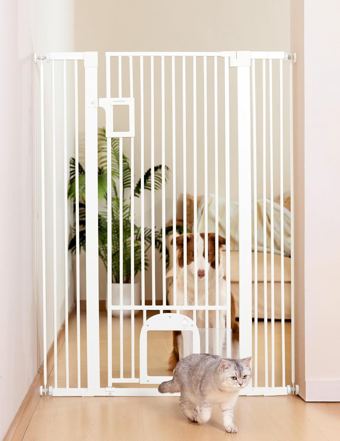 New No Pawblems 55-Inch Extra Tall Pet Gate with Cat Door, 29–43 Inches Wide (White) - Kidsy