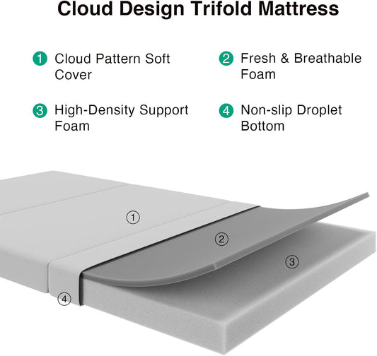 New Novilla Foldable Mattress Topper, Full Size Comfort Foam Trifold Mattress 75"x54"x4" - Kidsy