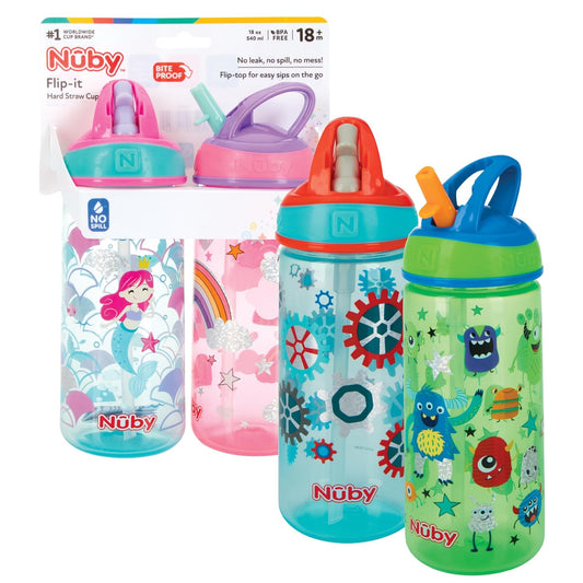 New Nuby 2 Pack Iridescent Flip - it Kids On - The - Go Printed Water Bottle 18oz / 540 ml, 18+ Months - Kidsy