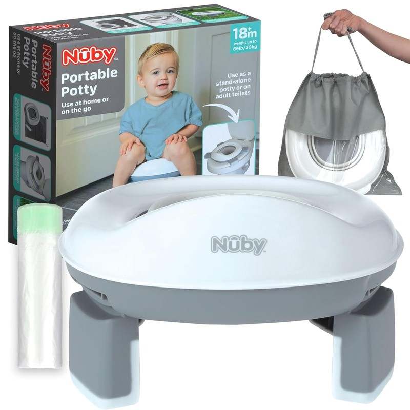 New Nuby Portable Potty and Toilet Training Seat with Disposable Bags and Travel Bag (Gray/White) - Kidsy