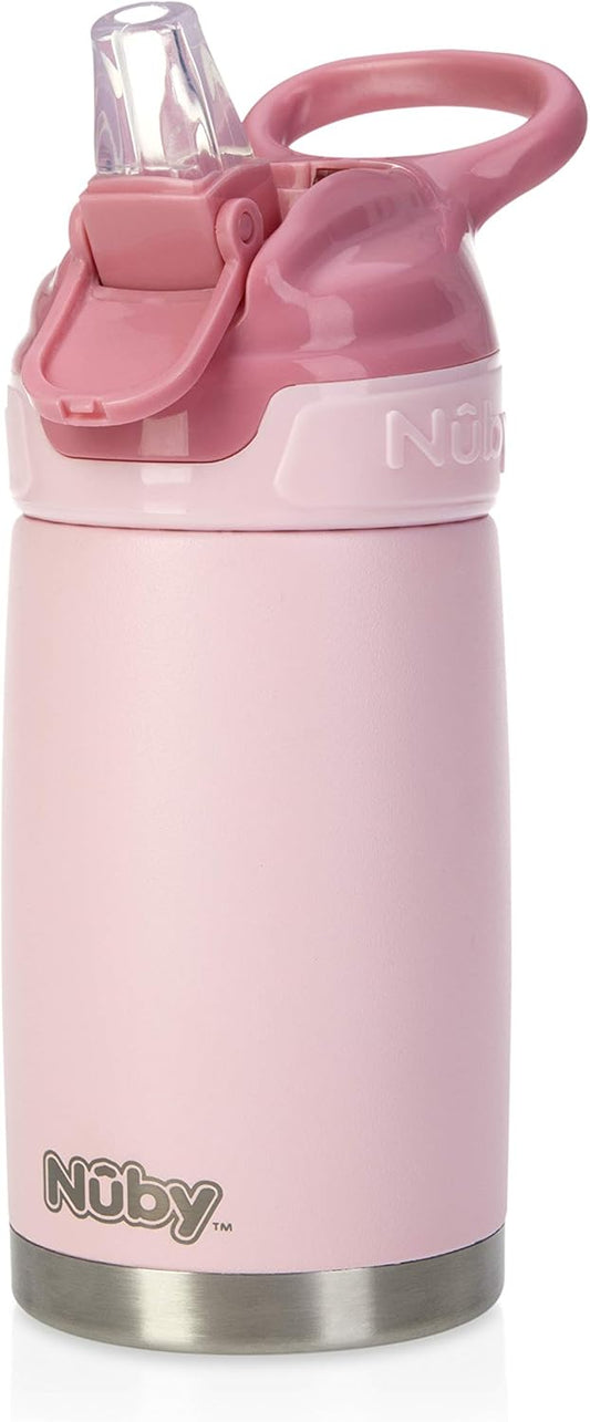New Nuby Thirsty Kids No Spill Flip - It Reflex Stainless Steel Travel Cup or Water Bottle 10 Oz 18+ Months (Pink) - Kidsy