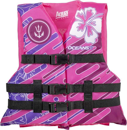 New Oceans 7 USCG Approved Youth Life Jacket (Pink/Berry: 50 - 90 lbs) - Kidsy