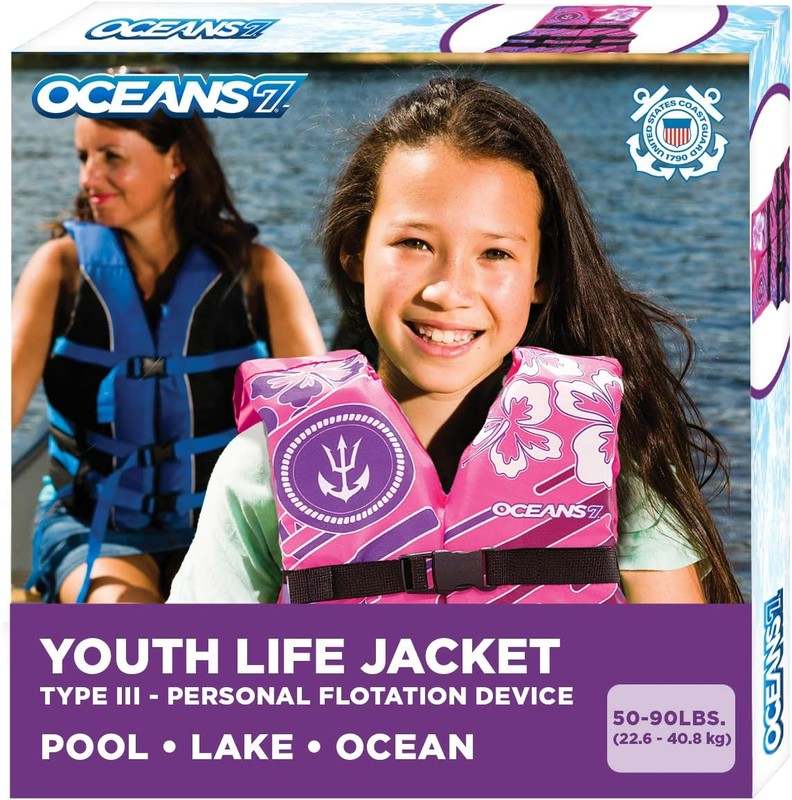 New Oceans 7 USCG Approved Youth Life Jacket (Pink/Berry: 50 - 90 lbs) - Kidsy