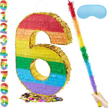 New PCFING 20 Inch Number 6 Piñata Rainbow with 30 Inch Piñata Stick Blindfold Confetti - Kidsy