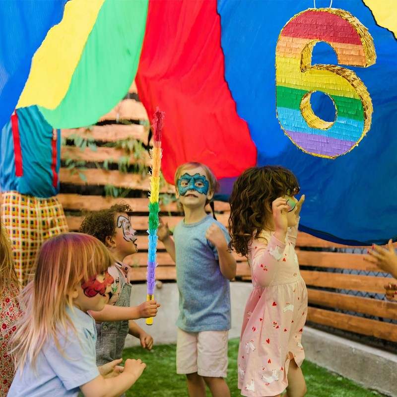 New PCFING 20 Inch Number 6 Piñata Rainbow with 30 Inch Piñata Stick Blindfold Confetti - Kidsy