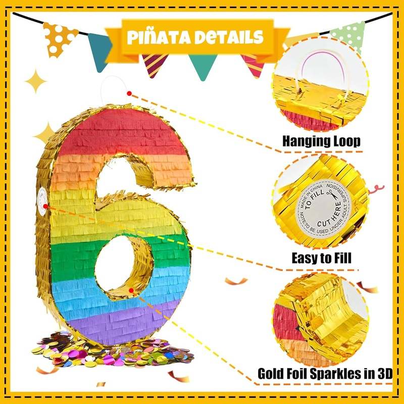 New PCFING 20 Inch Number 6 Piñata Rainbow with 30 Inch Piñata Stick Blindfold Confetti - Kidsy
