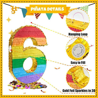New PCFING 20 Inch Number 6 Piñata Rainbow with 30 Inch Piñata Stick Blindfold Confetti - Kidsy