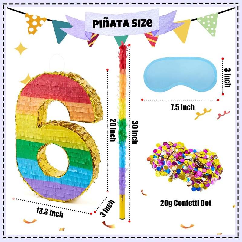 New PCFING 20 Inch Number 6 Piñata Rainbow with 30 Inch Piñata Stick Blindfold Confetti - Kidsy