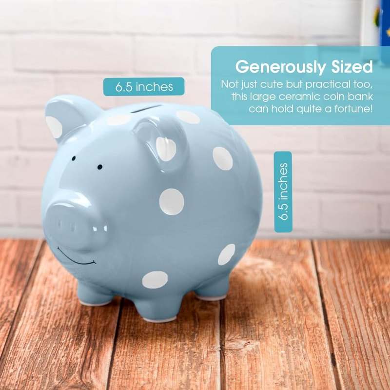 New Pearhead Large Ceramic Piggy Bank (Blue Polka Dots) - Kidsy